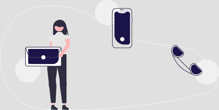 Illustrated woman holding tablet with phone icons.